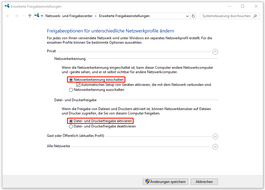 Freigabeoptionen für unterschiedliche Netzwerkprofile ändern