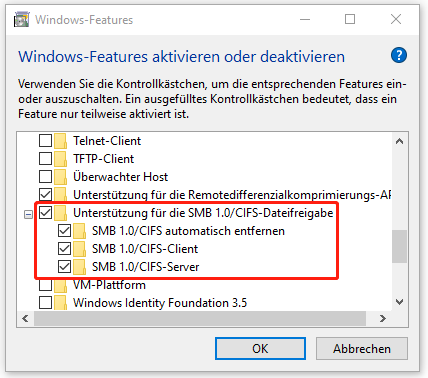 Unterstützung für die SMB 1.0/CIFS-Dateifreigabe aktivieren