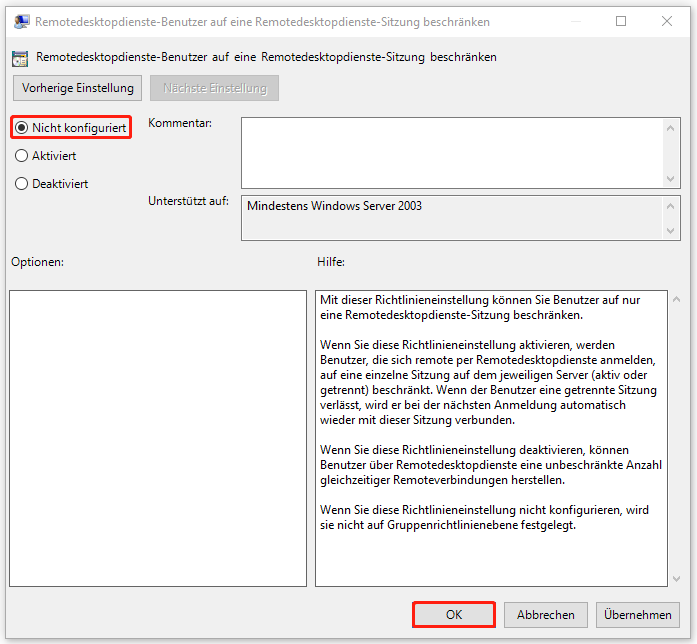 Remotedesktopdienste-Benutzer auf eine Remotedesktopdienste-Sitzung beschränken