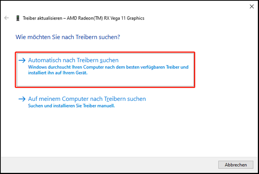 Die Option Automatisch nach Treibern suchen wählen