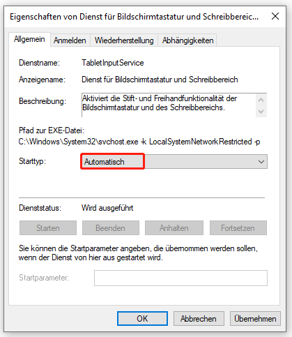 Dienst für Bildschirmtastatur und Schreibbereich automatisch starten