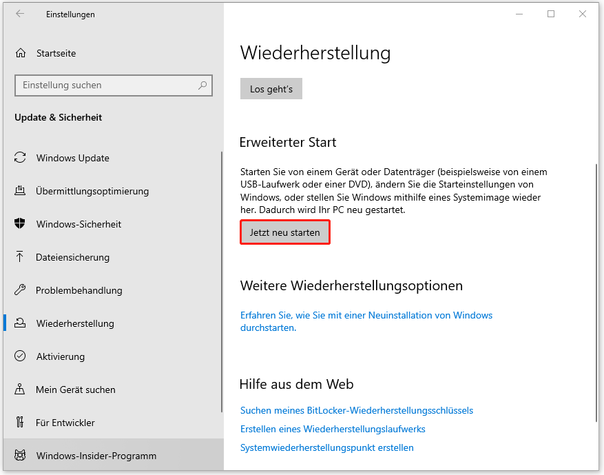 Windows 10 Jetzt neu starten