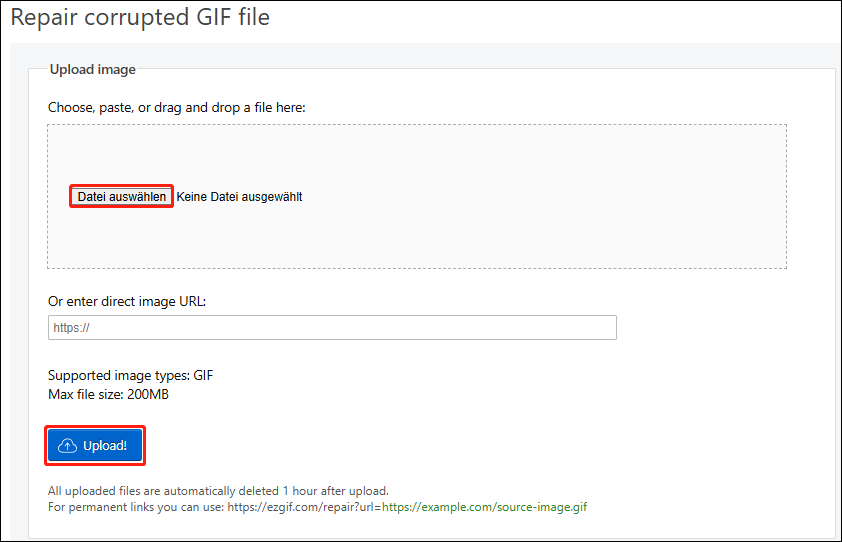 Laden Sie das beschädigte GIF-Bild hoch