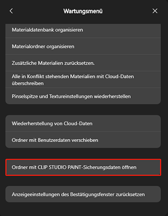 Ordner mit CLIP STUDIO PAINT-Sicherungsdaten öffnen