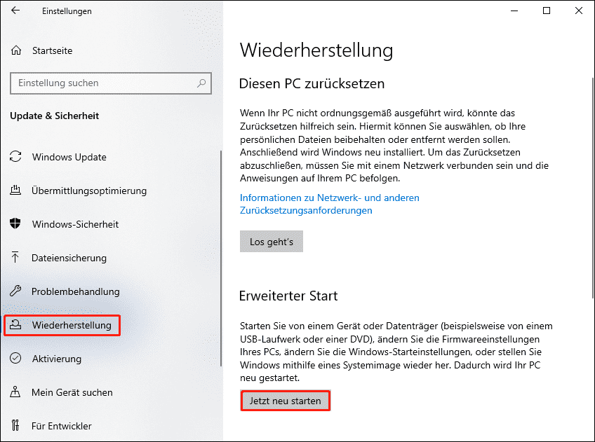 Wählen Sie Update & Sicherheit > Wiederherstellung