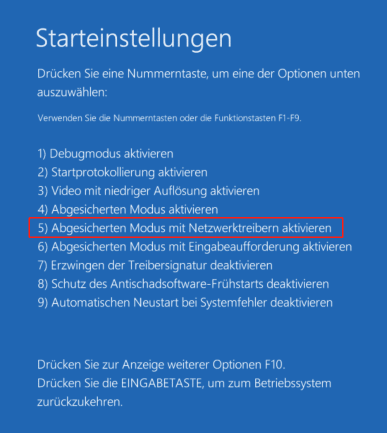 Wählen Sie Abgesicherten Modus mit Netzwerktreibern aktivieren