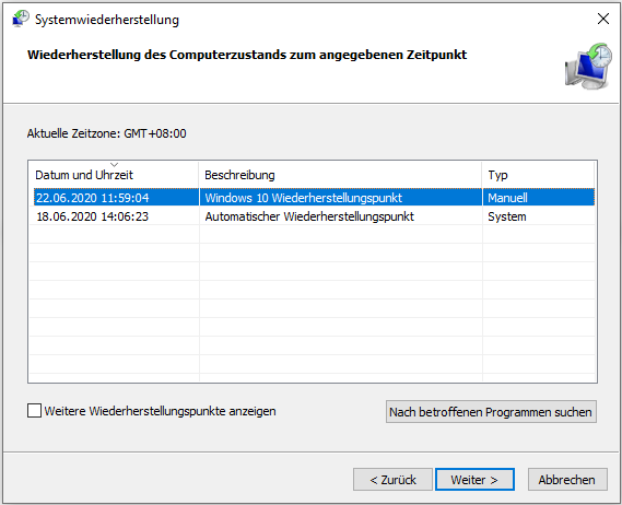 wählen Sie einen Wiederherstellungspunkt und klicken Sie auf Weiter