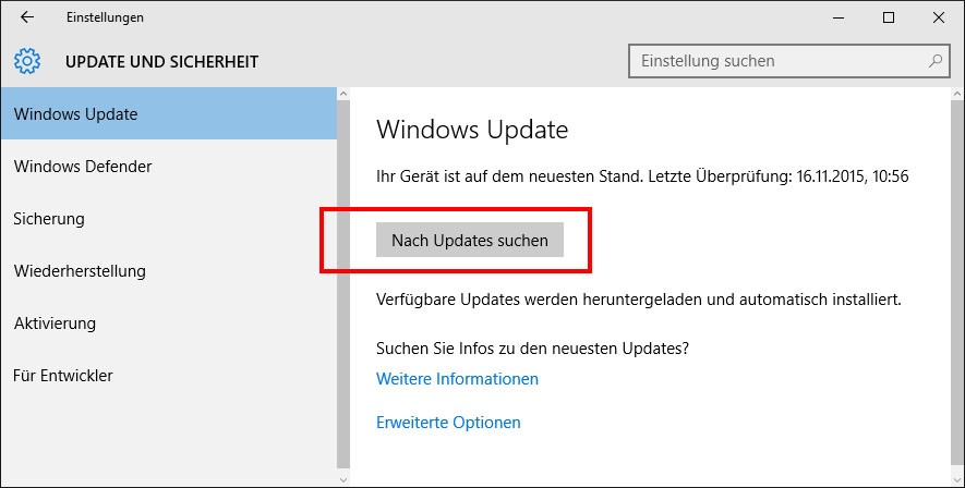 Klicken Sie auf Nach Updates suchen