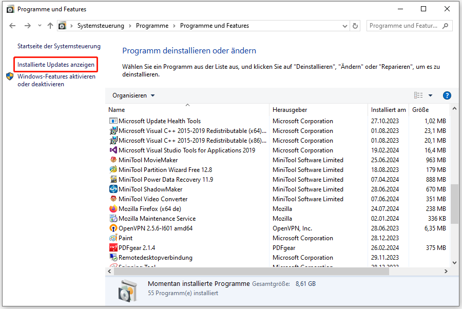 Klicken Sie auf Installierte Updates anzeigen