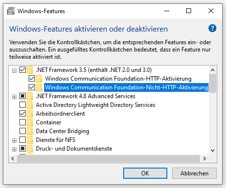 .NET Framework 3.5 aktivieren