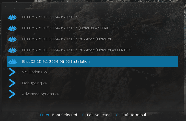 Wählen Sie die Option BlissOS Installation