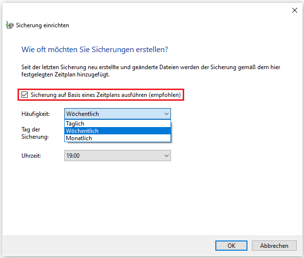 Sicherung auf Basis eines Zeitplans ausführen