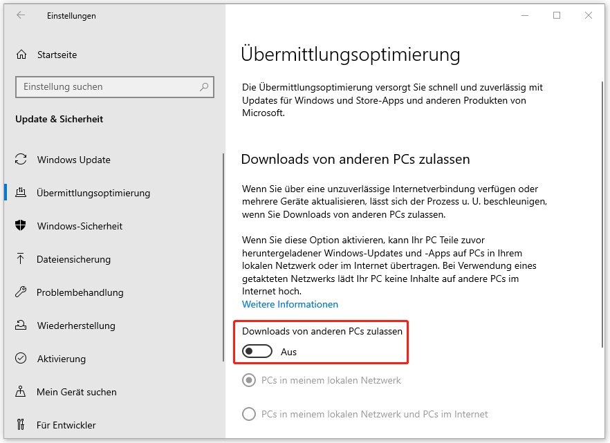 Downloads von anderen PCs zulassen deaktivieren