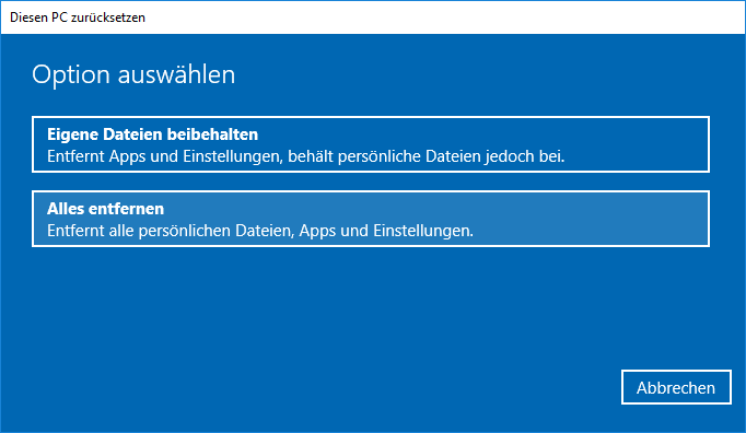 Eigene Dateien beibehalten oder Alles entfernen