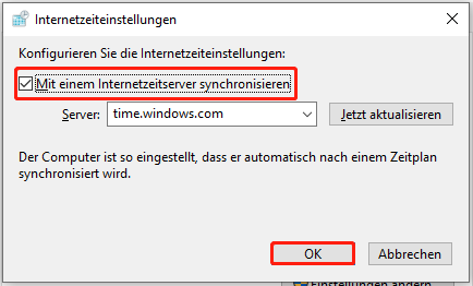 Aktivieren Sie Mit einem Internetzeitserver synchronisieren