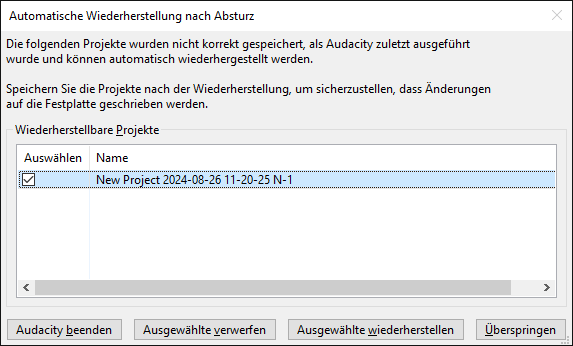 Nicht gespeicherte Audacity-Datei wiederherstellen