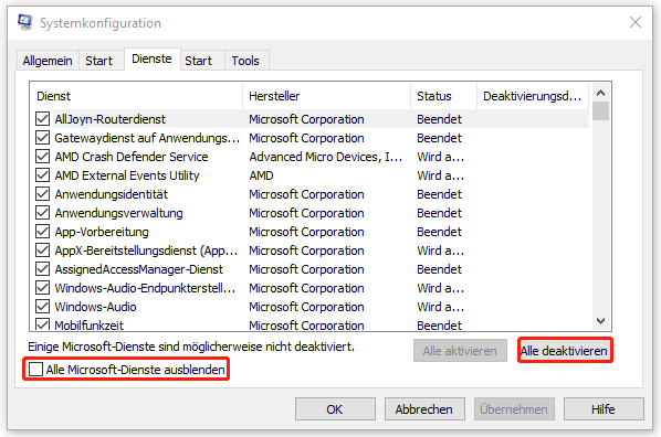 Alle Microsoft-Dienste ausblenden