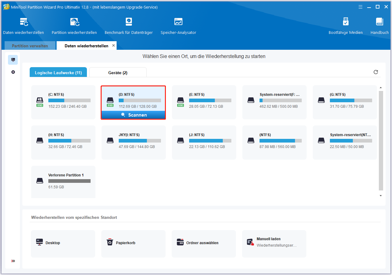 die Hauptschnittstelle der Datenrettung in MiniTool Partition Wizard