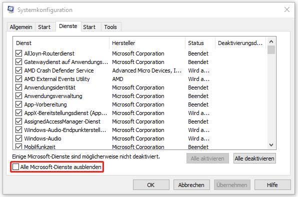 Alle Microsoft-Dienste ausblenden