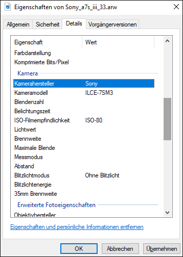 Eigenschaften von arw. Datei