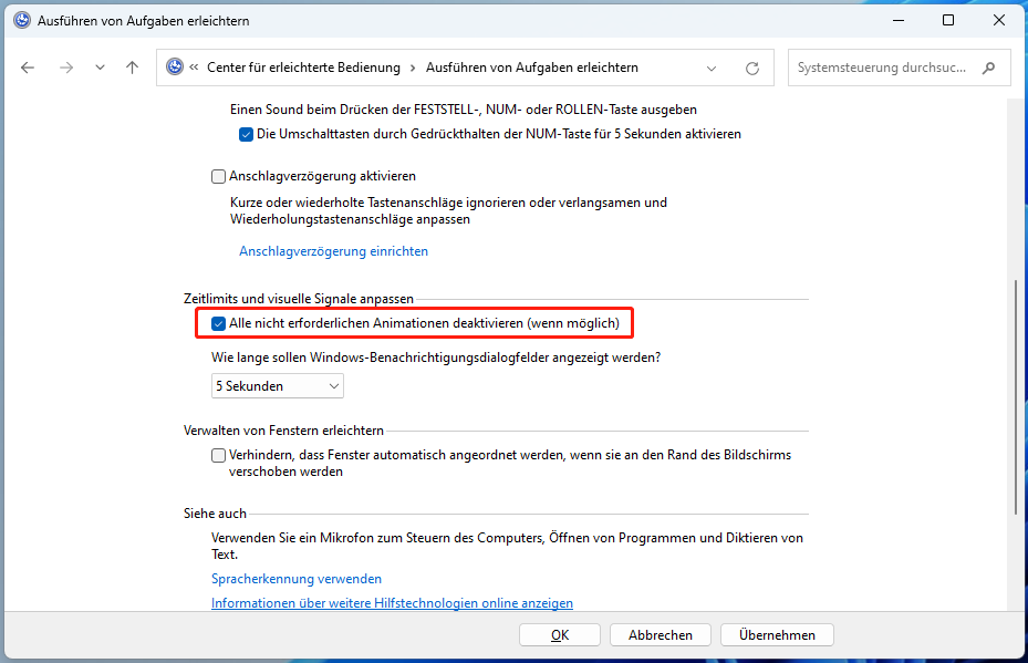 Aktivieren Sie die Option Alle nicht erforderlichen Animationen deaktivieren (wenn möglich)