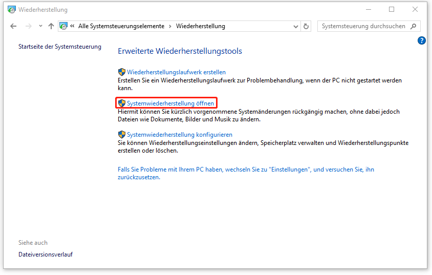 Systemwiederherstellung öffnen