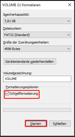 Aktivieren Sie die Option Schnellformatierung