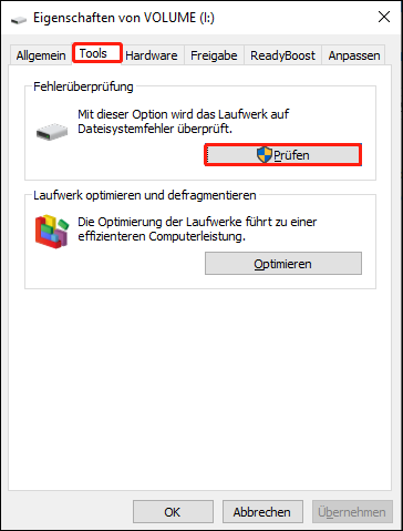 Klicken Sie im Tab Tools auf die Schaltfläche Prüfen