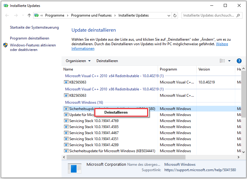 kürzlich installiertes Update deinstallieren