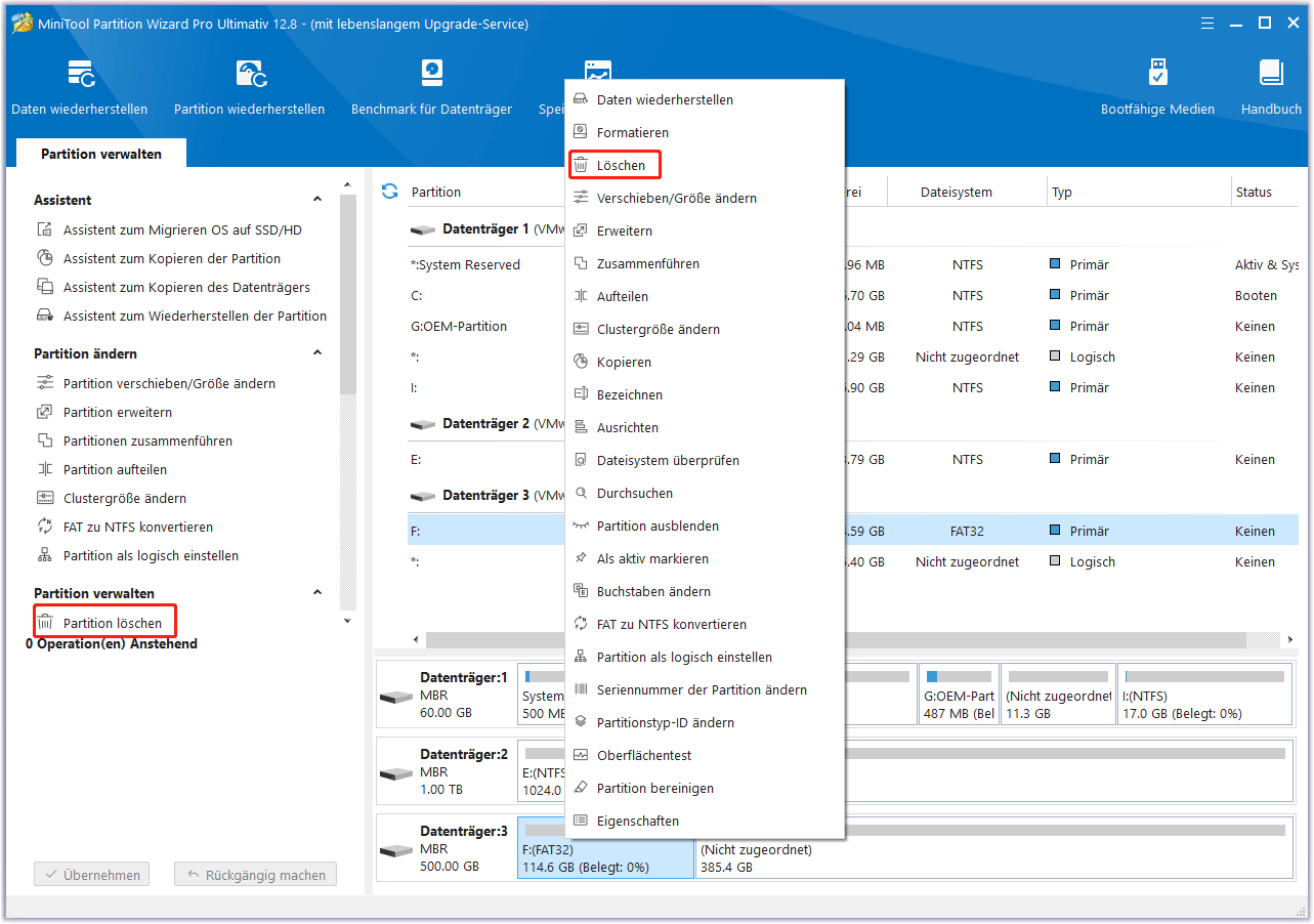 Wählen Sie Partition löschen aus einem der Orte