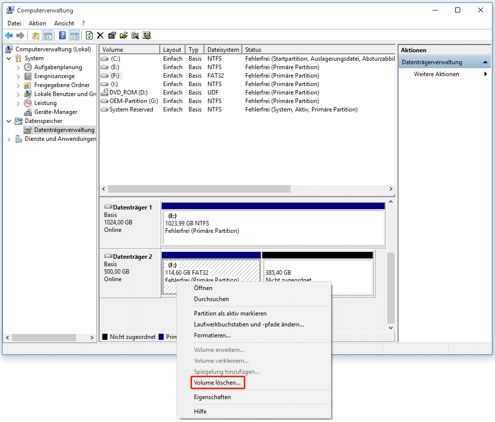 FAT32-Partition mit der Datenträgerverwaltung löschen