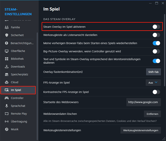 Deaktivieren Sie die Option Steam Overlay im Spiel aktivieren