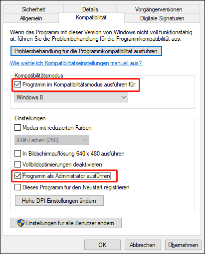 aktivieren Sie das Kontrollkästchen Programm als Administrator ausführen