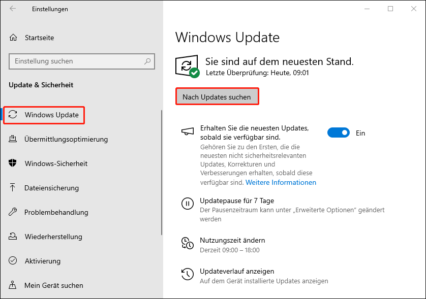 Auf die Schaltfläche Nach Updates suchen klicken