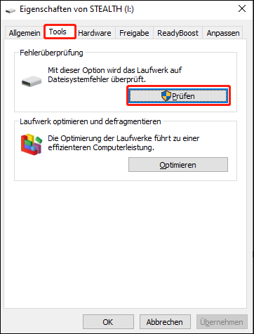 Klicken Sie auf die Registerkarte Tools und wählen Sie Prüfen
