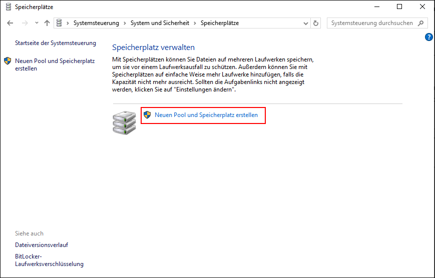 Klicken Sie auf Neuen Pool und Speicherplatz erstellen