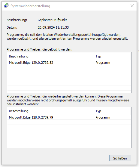 detaillierte Informationen über einen bestimmten Wiederherstellungspunkt