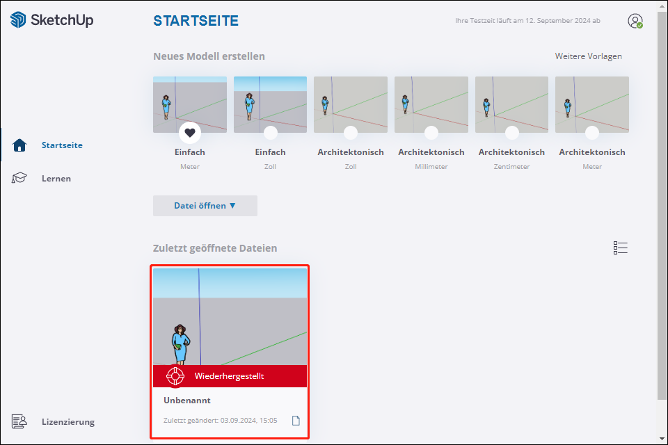 Wiederherstellung von Dateien von der Startseite von SketchUp