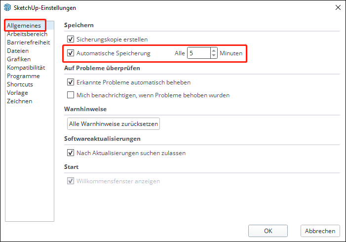 Einstellungen für die automatische Speicherung ändern