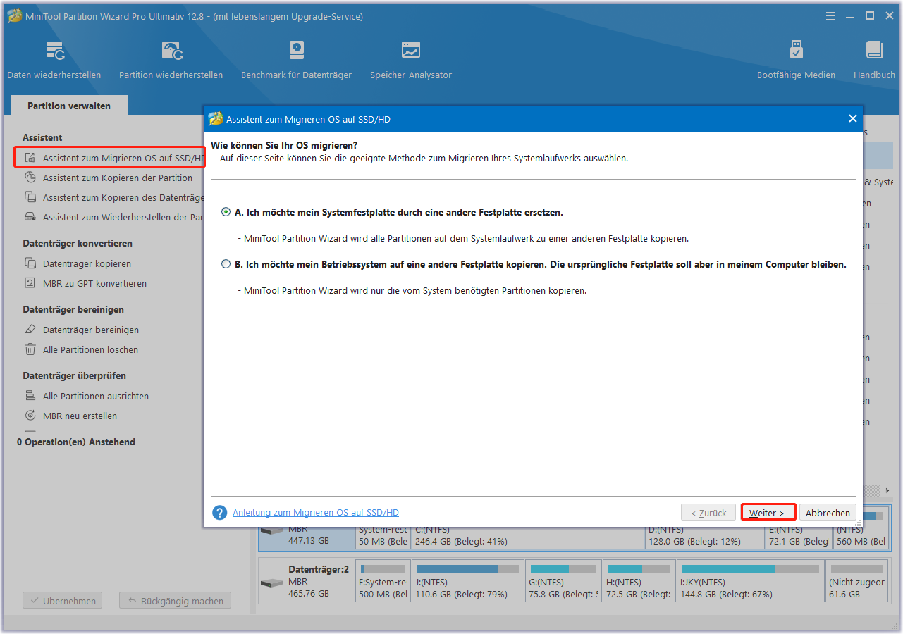 Wählen Sie Assistent zum Migrieren von Betriebssystemen auf SSD/HD
