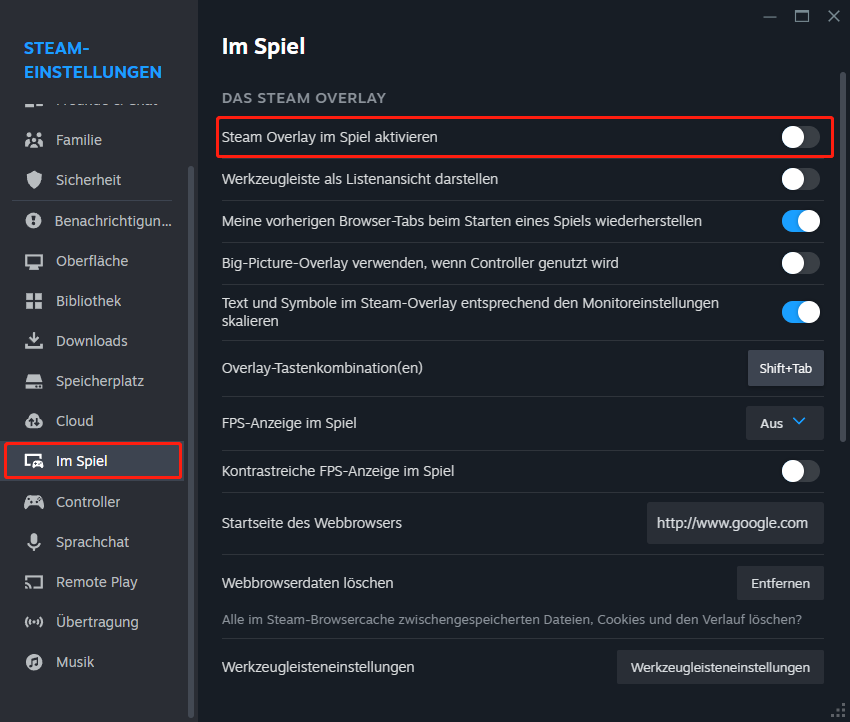 Schalten Sie die Option Steam Overlay im Spiel aktivieren aus