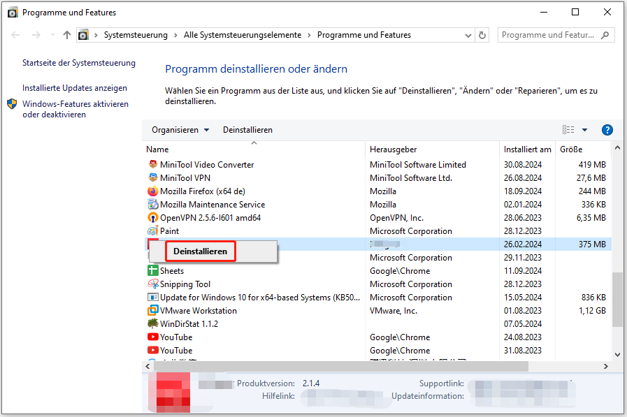 Klicken Sie auf Deinstallieren