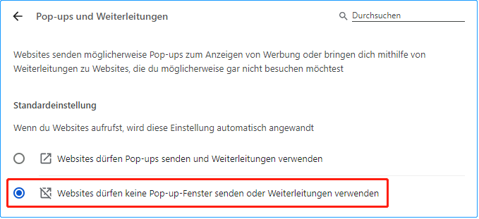 Häkchen bei Websites dürfen keine Pop-up-Fenster senden oder Weiterleitungen verwenden setzen