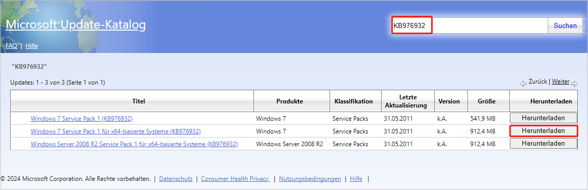 Windows 7 Service Pack 1 über den Microsoft Update-Katalog herunterladen