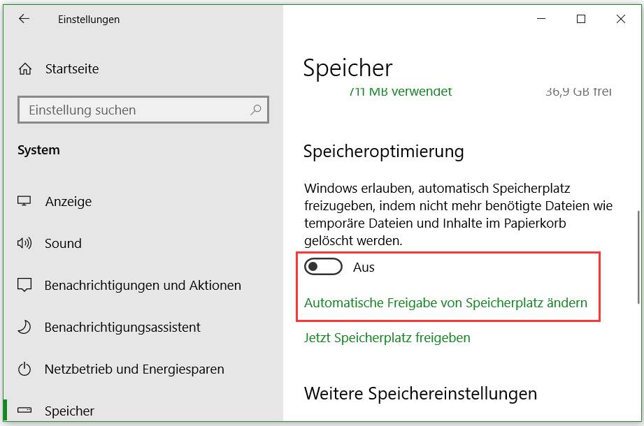 Automatische Freigabe von Speicherplatz ändern