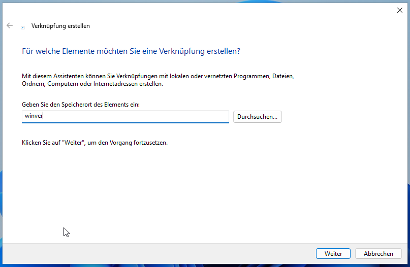 eine Verknüpfung für winver erstellen