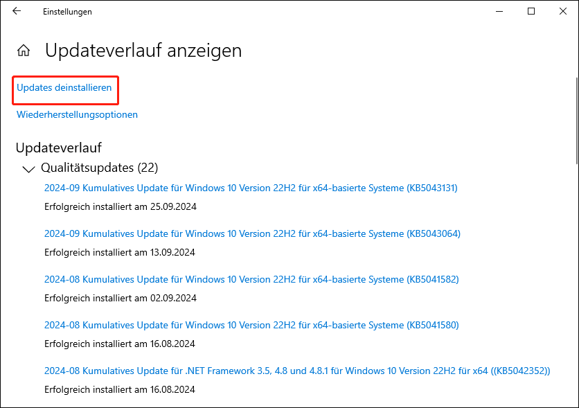 Klicken Sie dann auf Updates deinstallieren