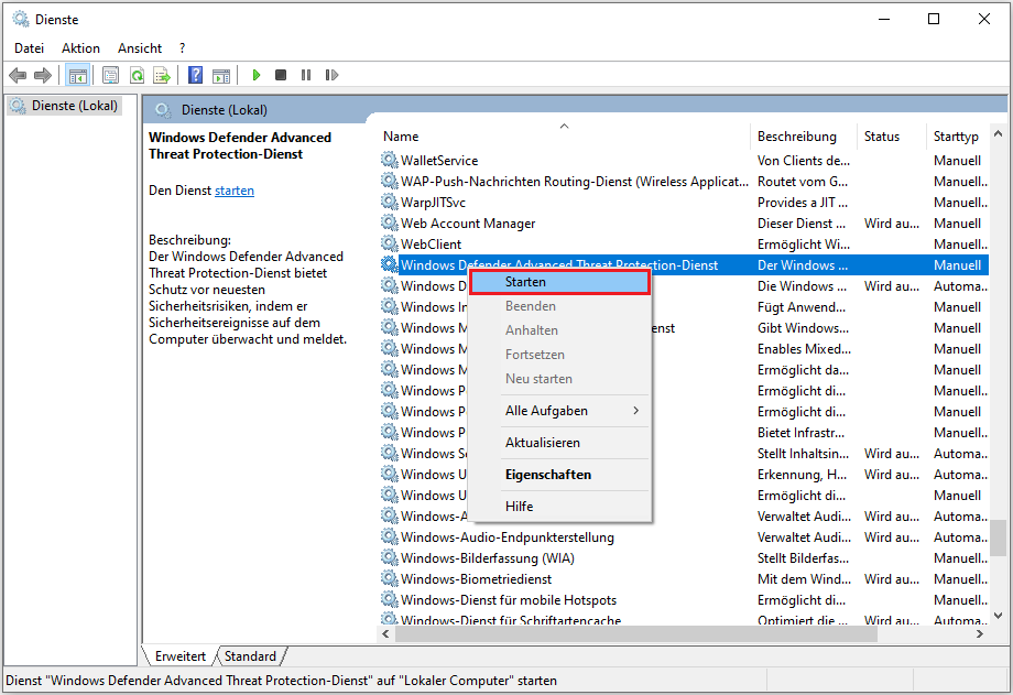 Windows Defender-Dienste starten