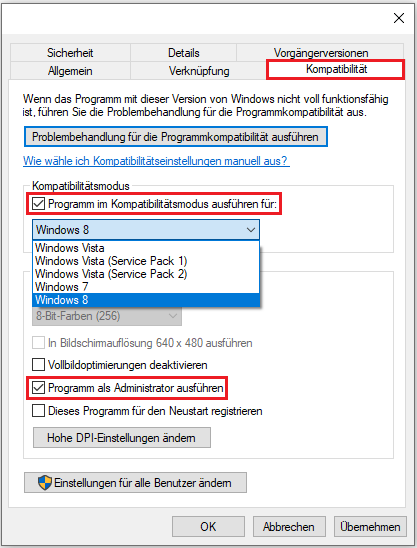 Programm im Kompatibilitätsmodus ausführen für