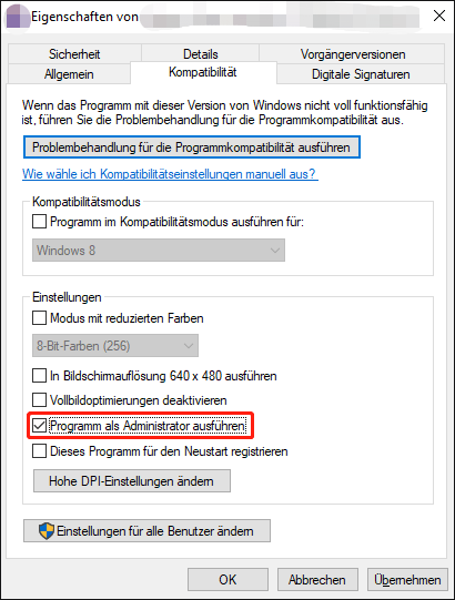 Setzen Sie ein Häkchen neben Programm als Administrator ausführen